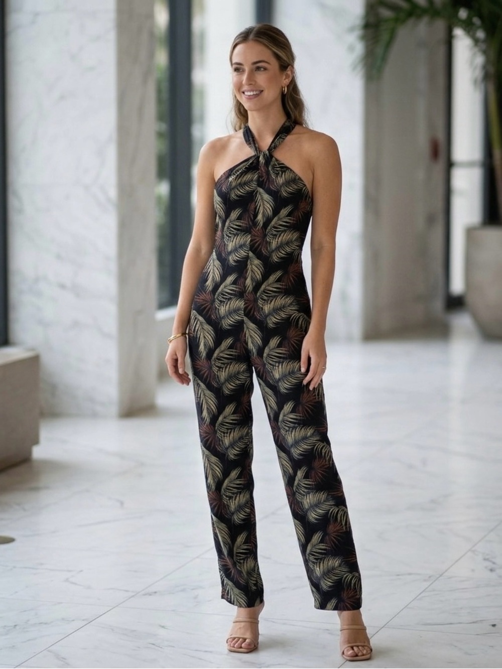 Zara Trafaluc Women Black Palm Jumpsuit size XS Halter Neck Sleeveless